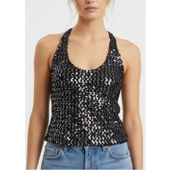 VTG Sparkly Sequin Halter Top M Sleeveless Glittery Party Night Club Disco Y2K - Picture 4 of 15